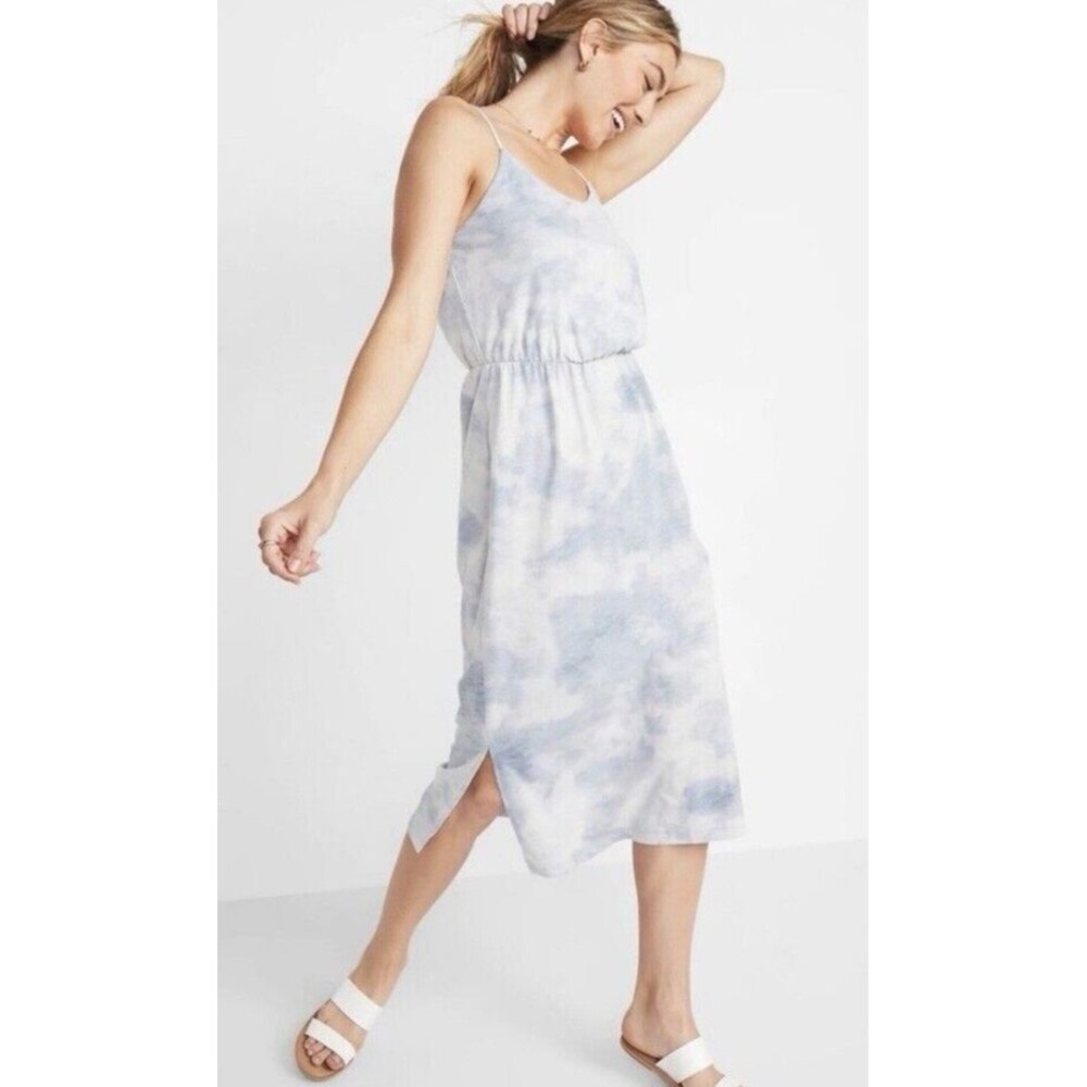Old Navy Midi Slip Dress Medium Blue Tie Dye Cotton Casual Blouson Scoop Neck
